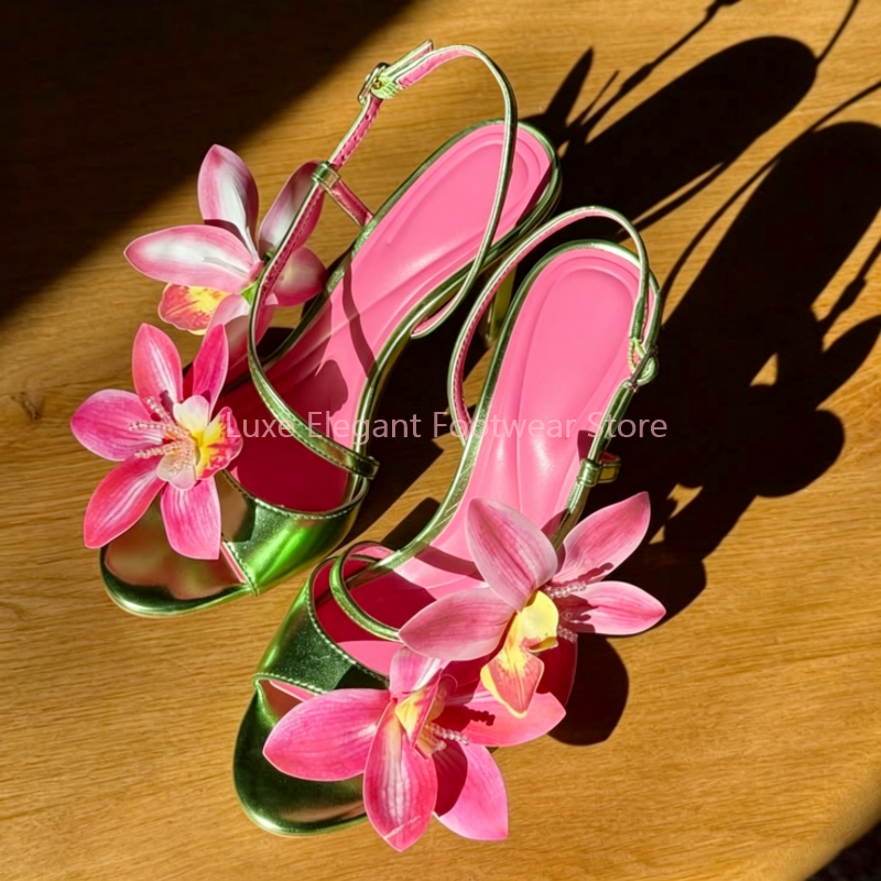 Sandal Strappy Heeled - Red Flower Decor Back Strap Hollow