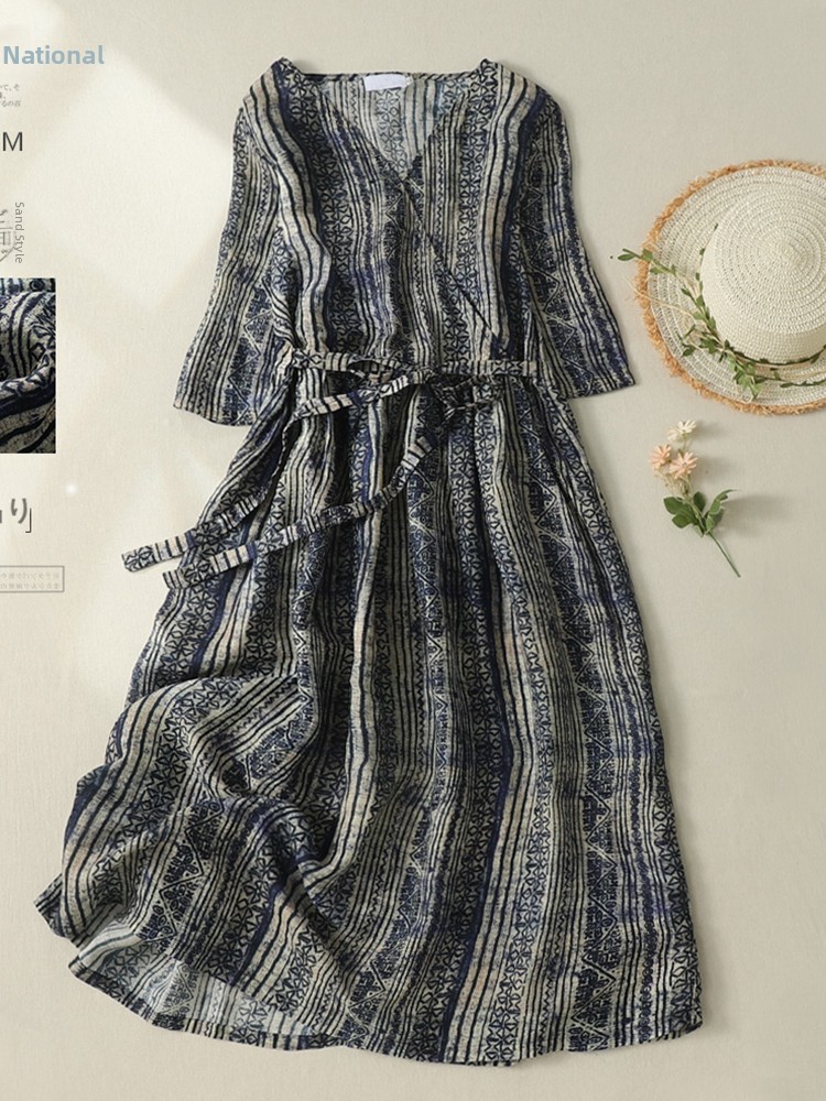 V-Neck Short Sleeve Midi Dress - Linen Dress Wrap ulasan dan harga