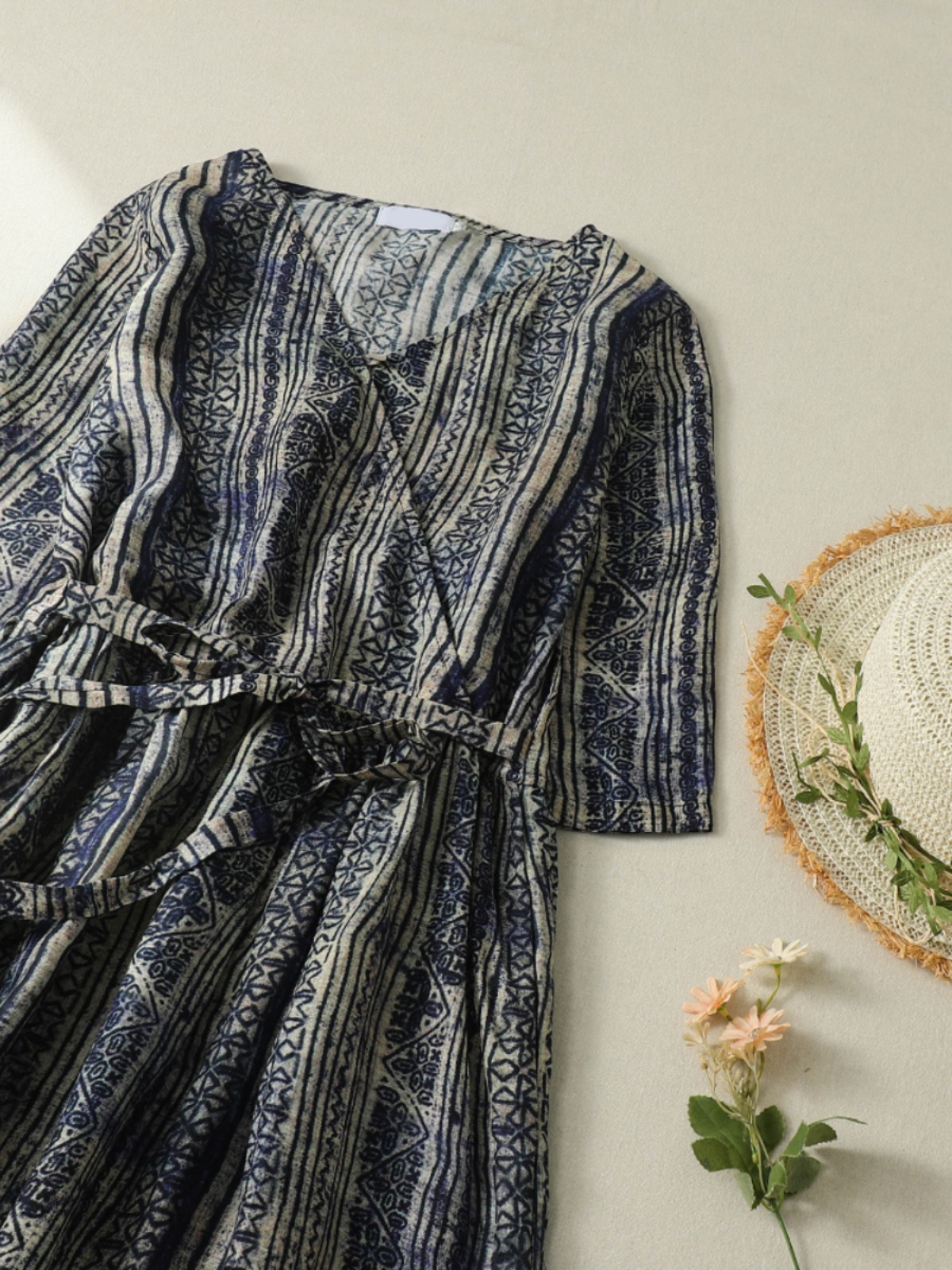 V-Neck Short Sleeve Midi Dress - Linen Dress Wrap ulasan dan harga