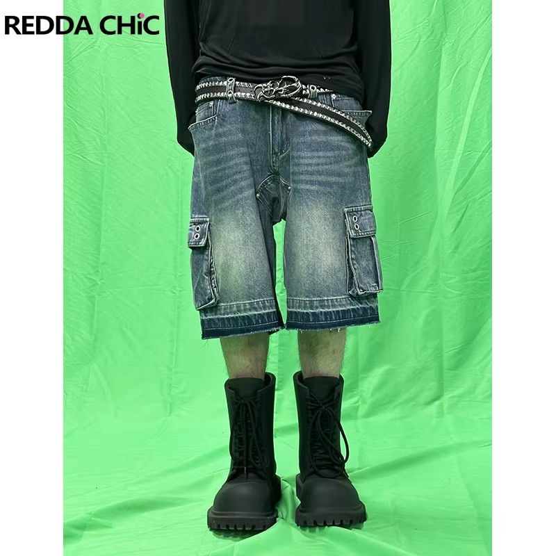 REDDACHIC Men Big Pockets Whis - Shorts Denim Frayed ulasan dan harga