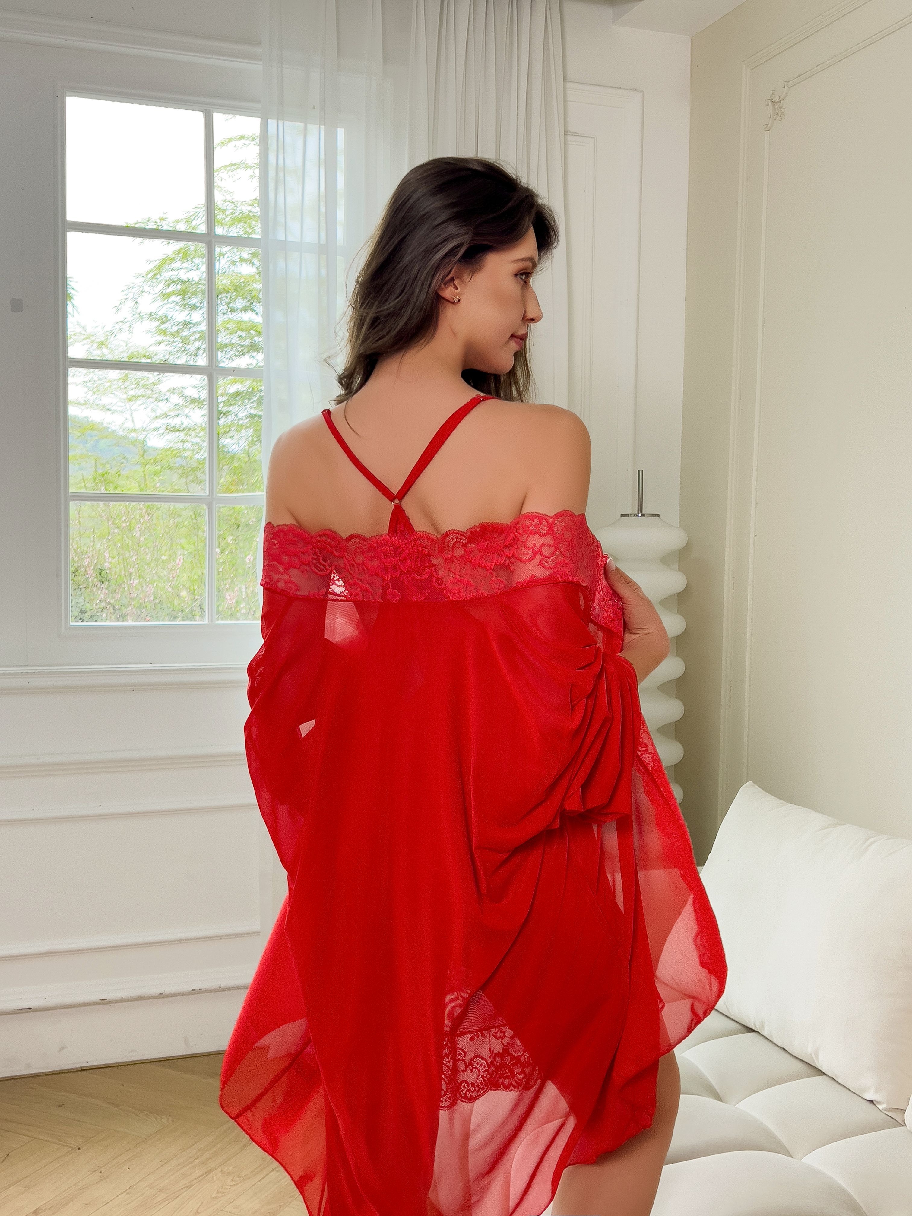 Plus Size Women Sexy Red Sheer - Kimono Sheer Floral ulasan dan harga