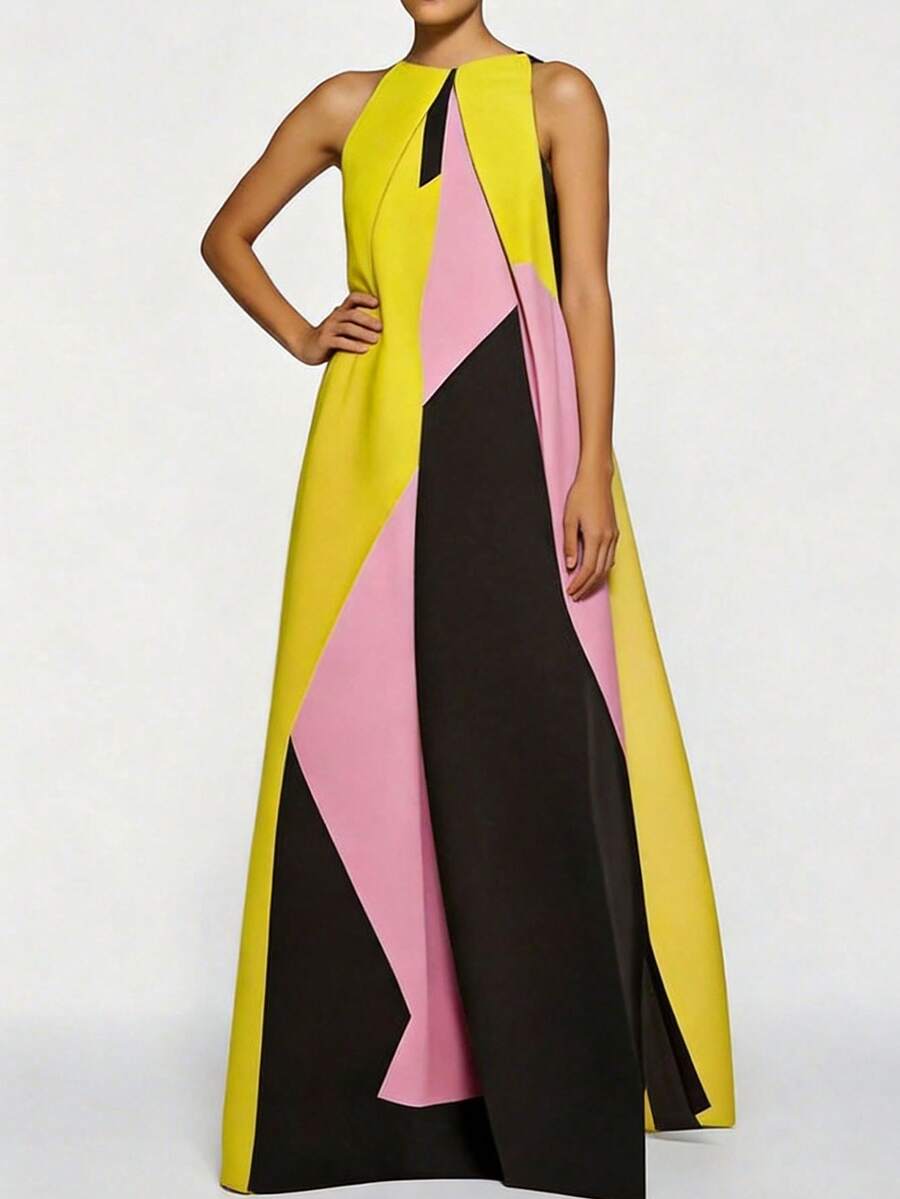 Women Color Block Maxi Dress H - Maxi Dress Halter ulasan dan harga