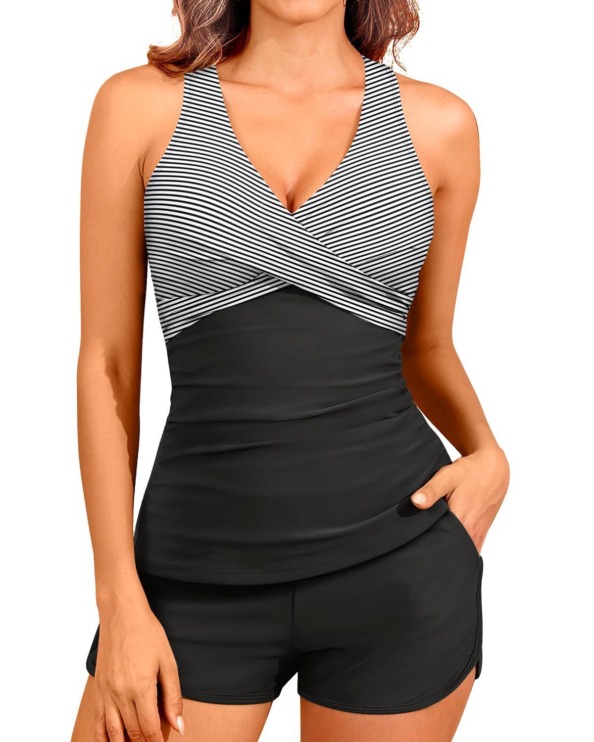 Woman Tankini With Shorts Slee - Swimsuit Bikini Ruched ulasan dan harga