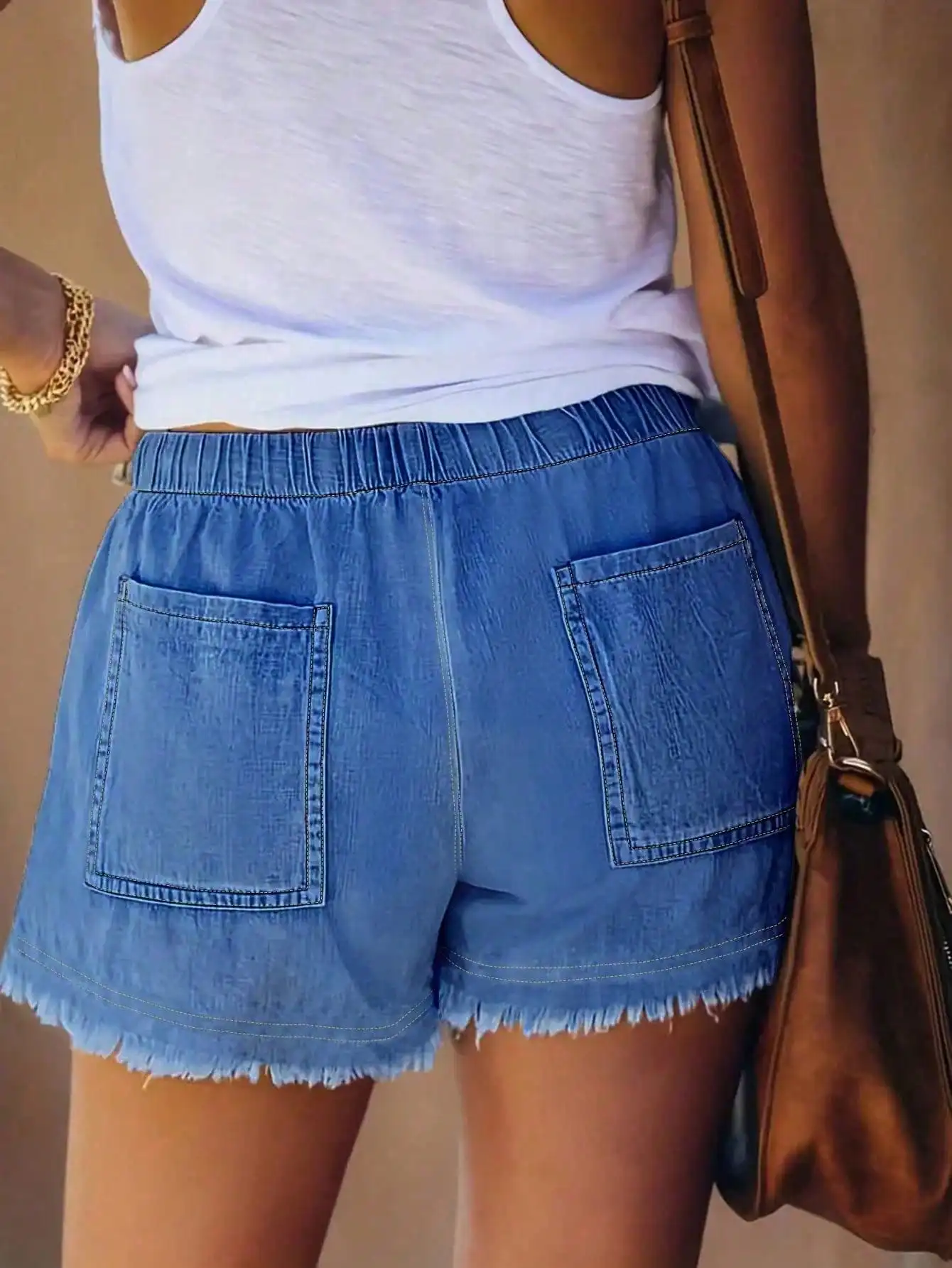 Women's Elastic Waist Frayed H - Shorts Denim Frayed ulasan dan harga