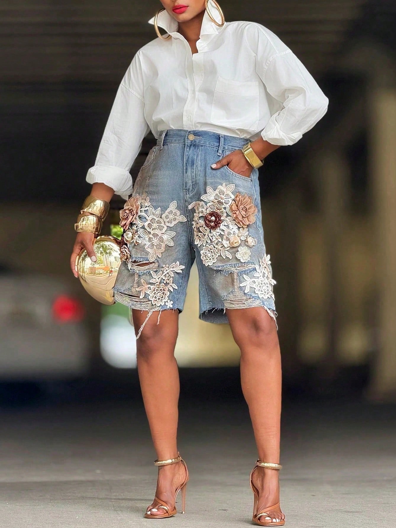 GLOURI Women 3D Floral Appliqu - Shorts Denim Frayed ulasan dan harga
