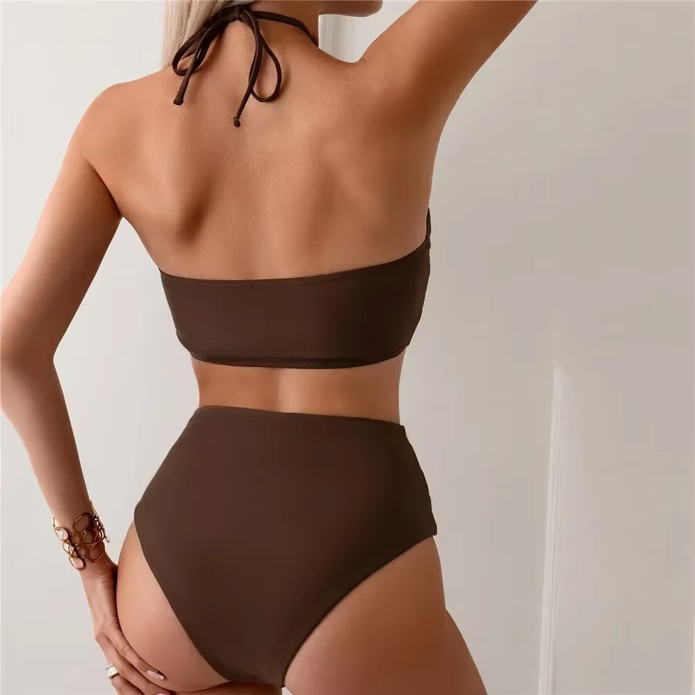 Dark Brown Solid Swimwears Hal - Swimsuit Bikini Ruched ulasan dan harga