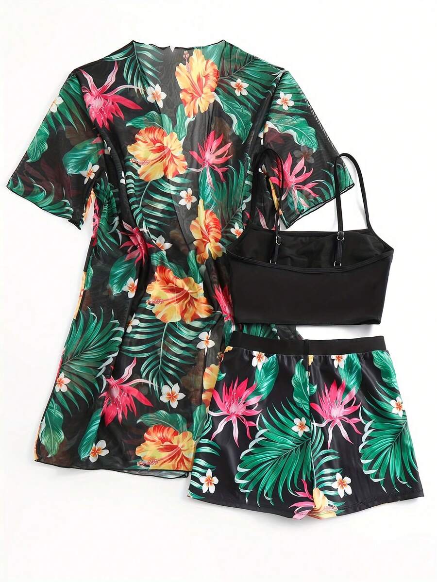 Floral Print 3-Piece Swim Set: - Kimono Sheer Floral ulasan dan harga