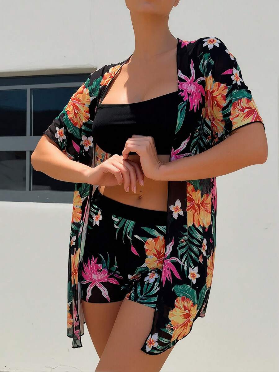 Floral Print 3-Piece Swim Set: - Kimono Sheer Floral ulasan dan harga