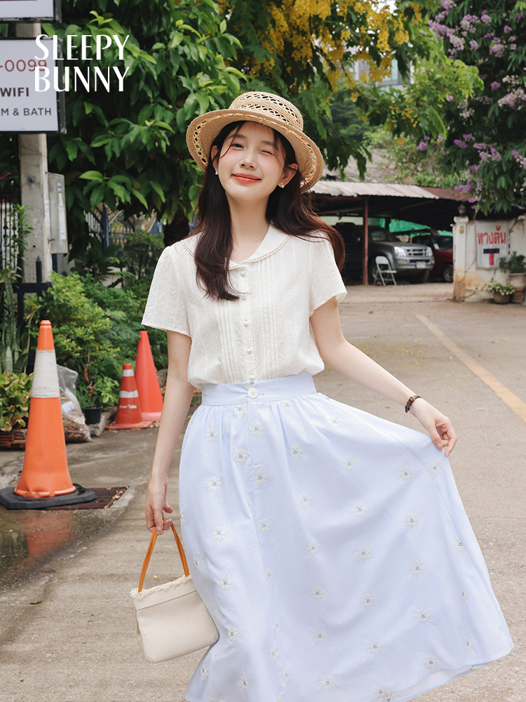 Vintage White Shirt Floral Emb - Midi Skirt Floral ulasan dan harga