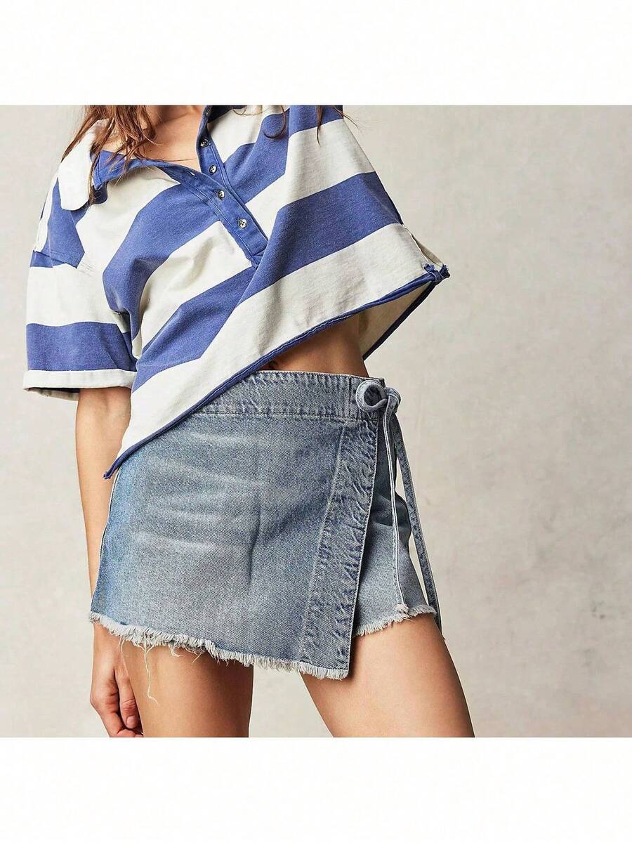 Women Denim Wrap Skort High Wa - Shorts Denim Frayed ulasan dan harga