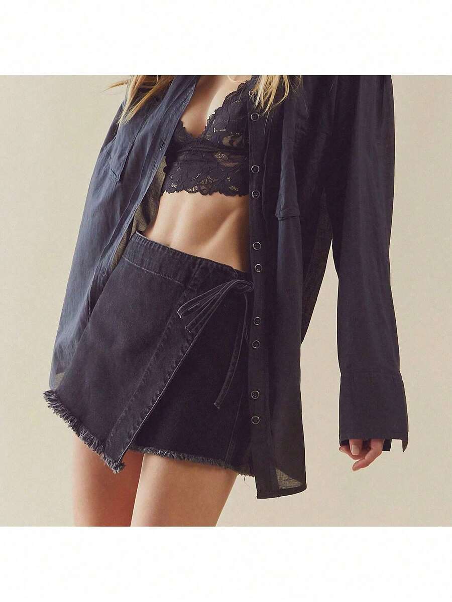 Women Denim Wrap Skort High Wa - Shorts Denim Frayed ulasan dan harga