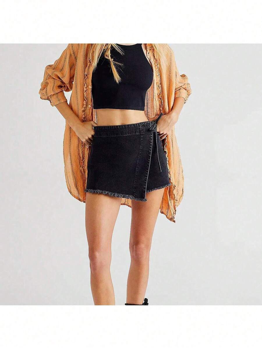 Women Denim Wrap Skort High Wa - Shorts Denim Frayed ulasan dan harga