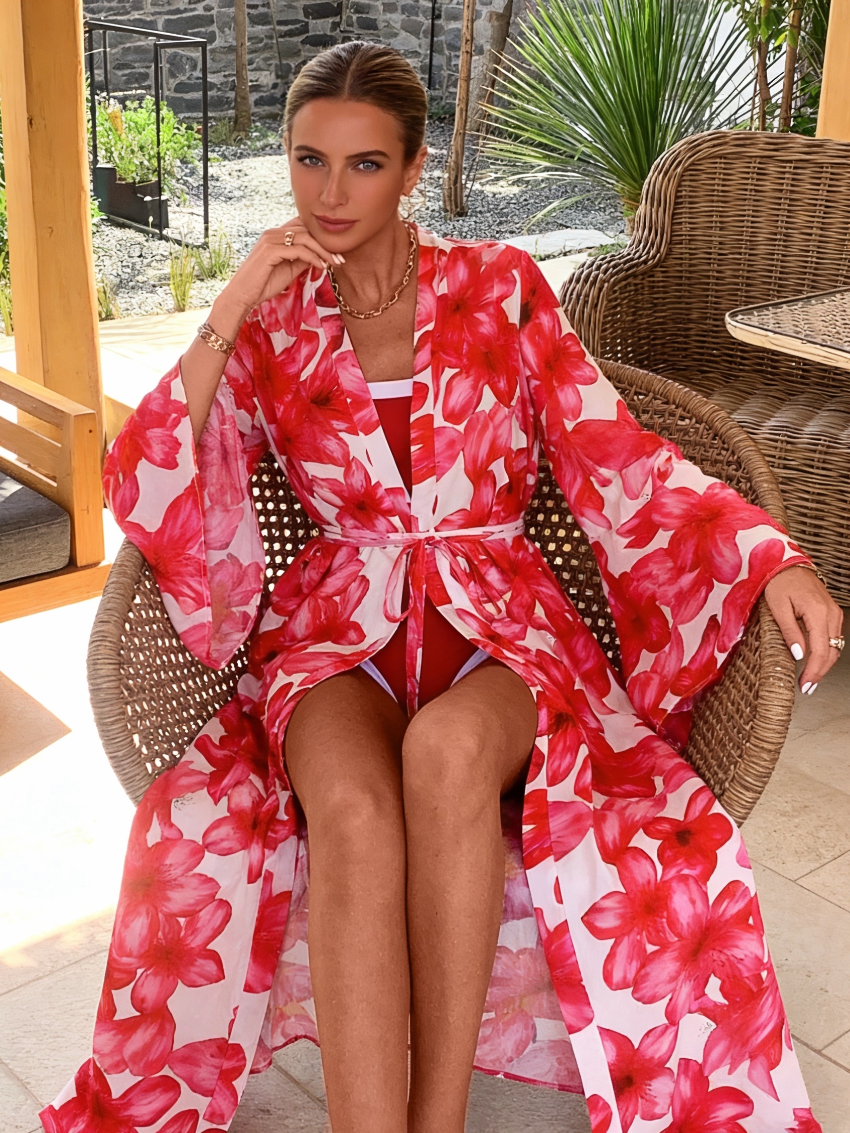 Women's Red Floral Kimono Robe - Kimono Sheer Floral ulasan dan harga