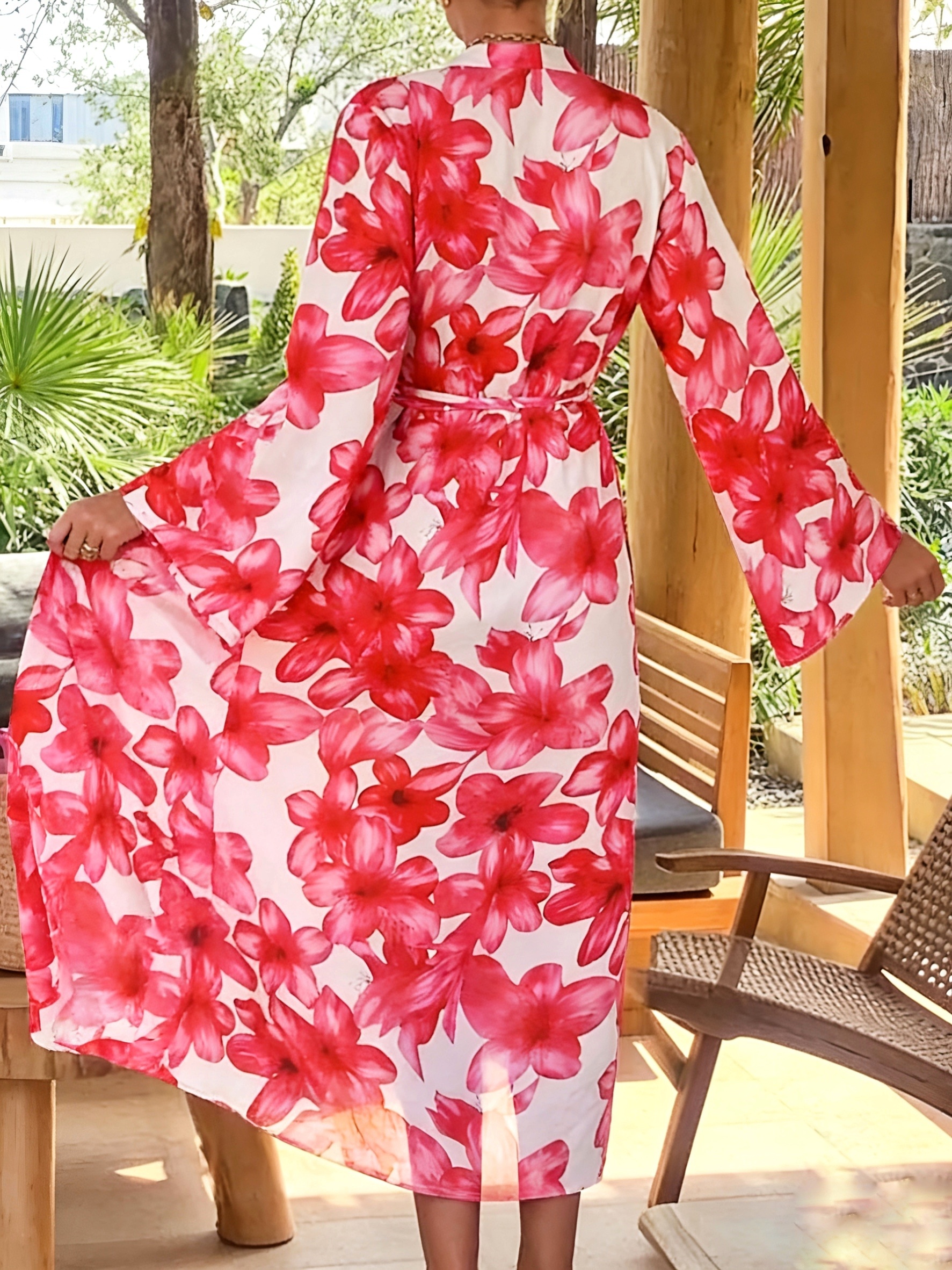Women's Red Floral Kimono Robe - Kimono Sheer Floral ulasan dan harga
