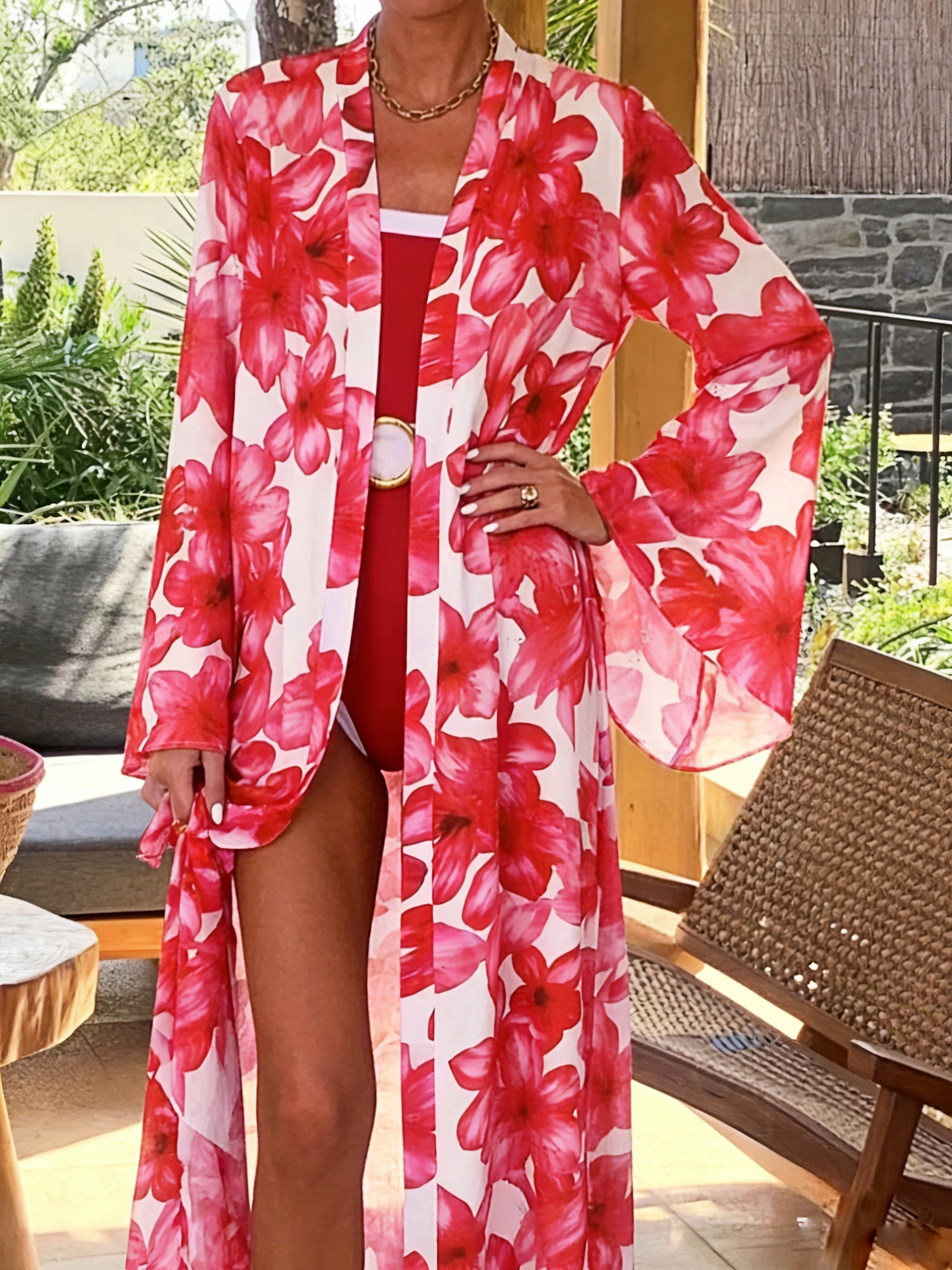 Women's Red Floral Kimono Robe - Kimono Sheer Floral ulasan dan harga
