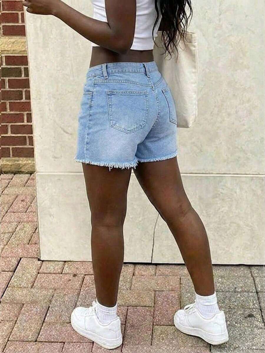 Womens High Waist Light Wash D - Shorts Denim Frayed ulasan dan harga