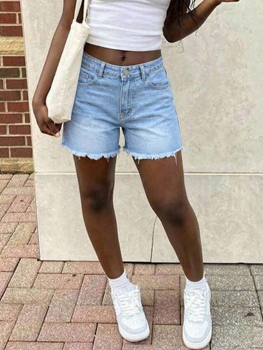 Womens High Waist Light Wash D - Shorts Denim Frayed ulasan dan harga
