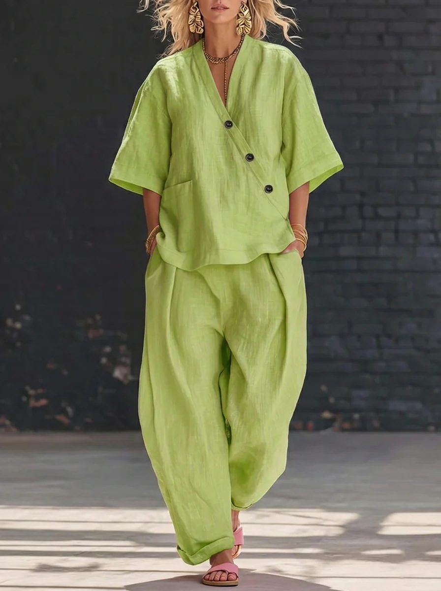 Women’s Two Piece Set Loose V  - Linen Pant Wide ulasan dan harga