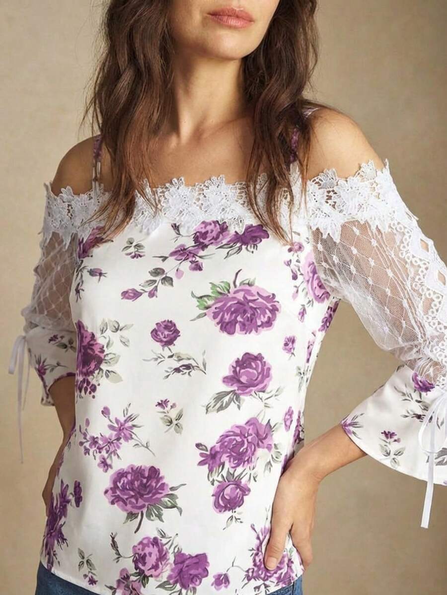 Purple Floral Print Off Should - Blouse Off Shoulder ulasan dan harga