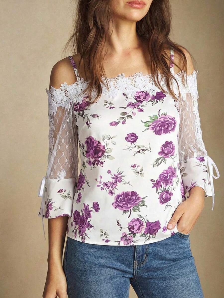 Purple Floral Print Off Should - Blouse Off Shoulder ulasan dan harga