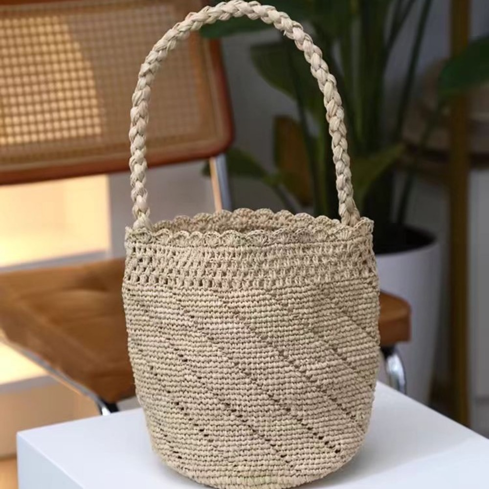 Handmade Crochet Straw Bucket  - Crochet Bag Raffia ulasan dan harga