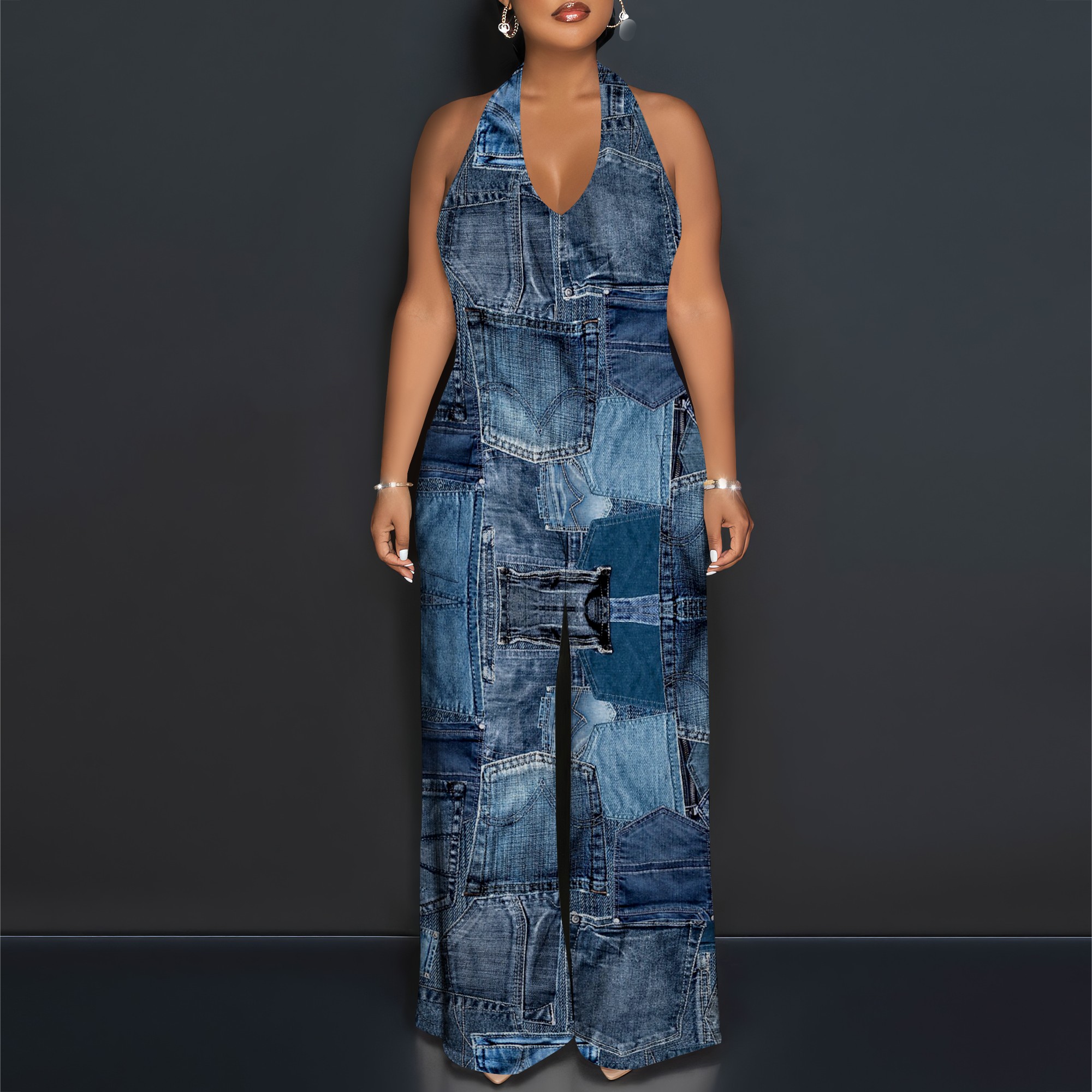 Denim Patchwork Halter V-Neck  - Maxi Dress Halter ulasan dan harga