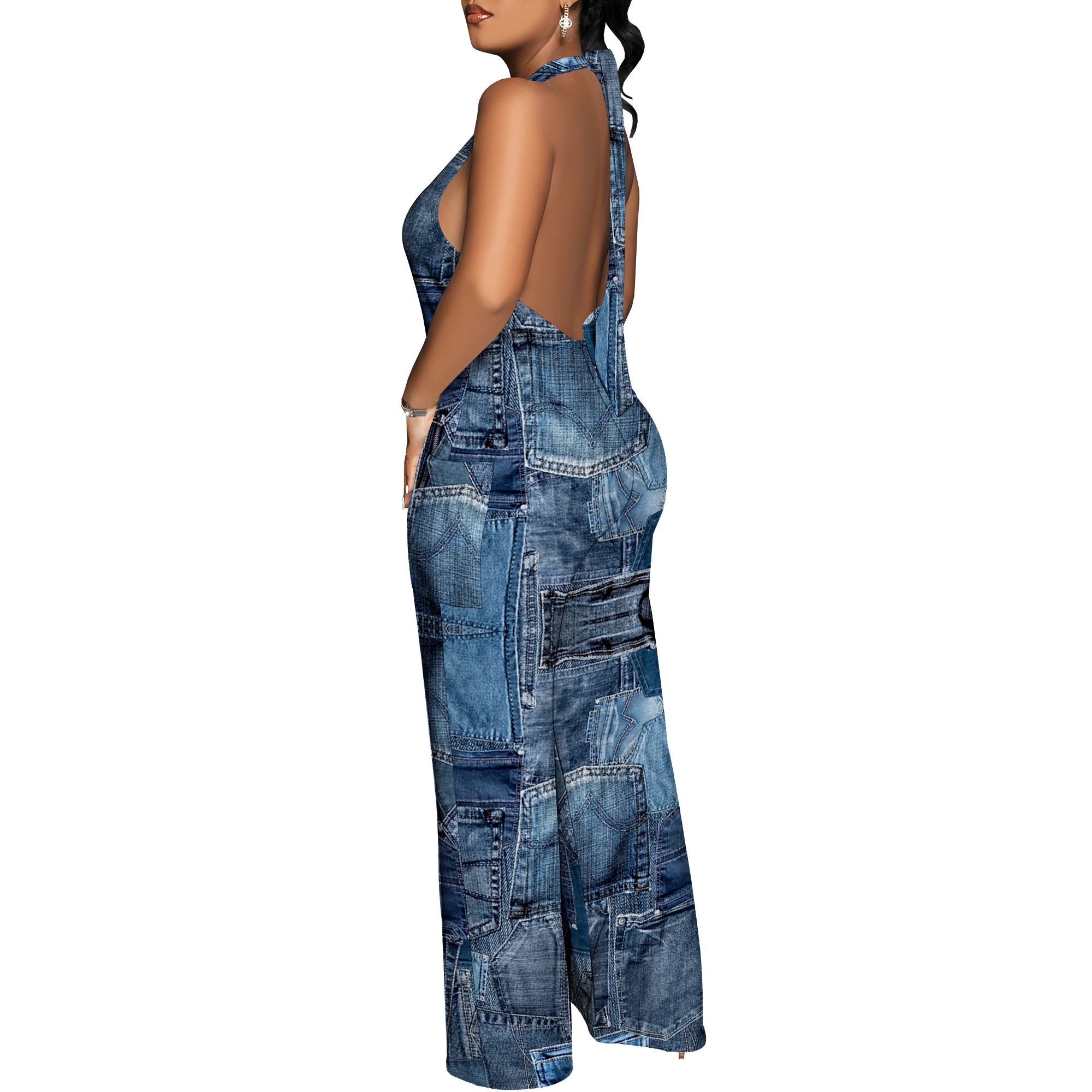 Denim Patchwork Halter V-Neck  - Maxi Dress Halter ulasan dan harga