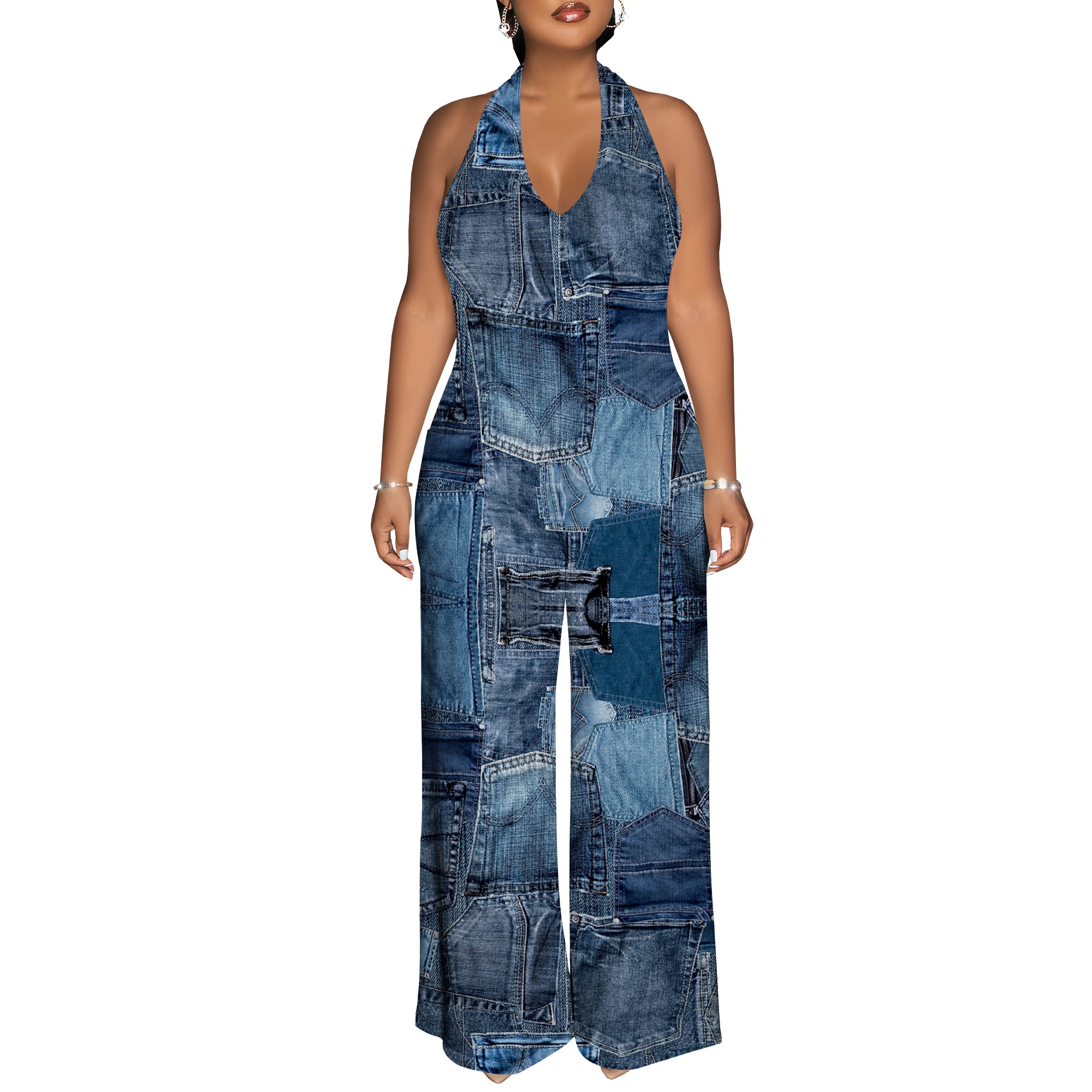 Denim Patchwork Halter V-Neck  - Maxi Dress Halter ulasan dan harga