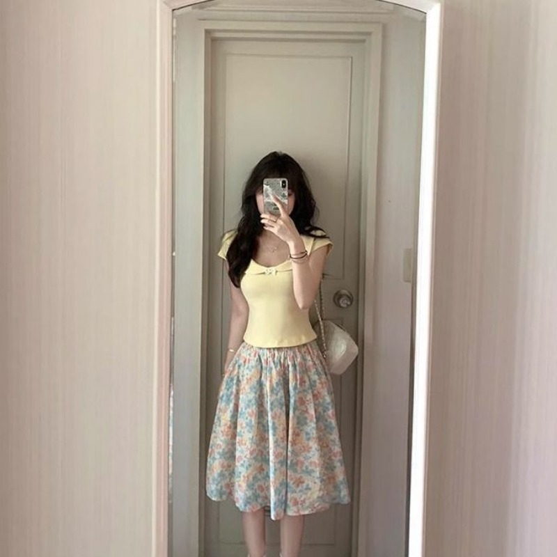 Women 2 Piece Set Bow Top And  - Midi Skirt Floral ulasan dan harga